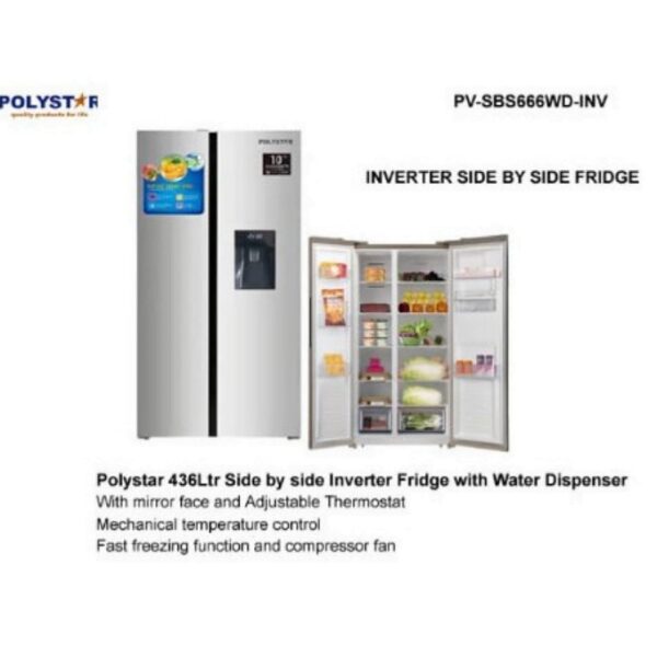 POLYSTAR 436L SIDE BY SIDE INVERTER REFRIGERATOR WITH WATER DISPENSER | PV-SBS666WD-INV